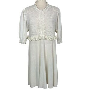 Zara Ivory Pointelle Knit Puff Sleeve Dress